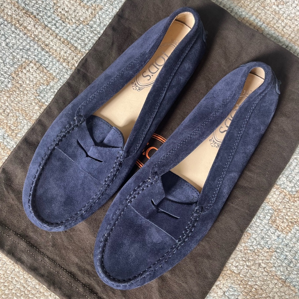 Tod's Gommini Suede Driver Navy Penny Loafers